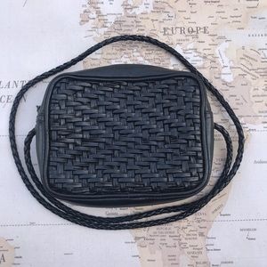 Vintage Black Purse Woven Faux Leather Small Bag